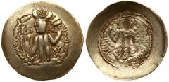 India - Hunnic Tribes, Alchon Huns. Uncertain king. Gold Dinar (7.10 g), mid-late 5th century AD. Uncertain Baktrian mint (Balkh?). King standing left, sacrificing at altar and holding trident; in lef