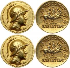 Baktrian Kingdom. Eukratides I. Gold Stater (8.27 g), ca. 171-145 BC. Extremely Rare - one of just a handful known. Diademed and draped bust right of EukratidesI right, wearing helmet adorned with bul