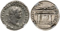 Titus. Silver Denarius (3.37 g), AD 79-81. Rome, AD 80. IMP TITVS CAESAR VESPASIANVS AVG P M, laureate head of Titus right. Reverse: TR P IX IMP XV COS VIII P P, winged thunderbolt set on throne. RIC 