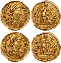 Visigoths in Spain, Imperial imitative coinage. In the name of Honorius. Gold Solidus (4.47 g), 5th century AD. 'Pseudo-Ravenna'. D N HONORI-VS P F AVG, diademed, draped and cuirassed bust of Honorius