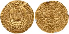 Great Britain. Noble, ND. S.1504; Fr-95. Edward III, 1327-1377. Treaty period (1361-1369). Calais Mint. Obverse; King standing in ornate ship facing, with sword and shield. Flag (denoting Calais mint)