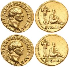 Vespasian. Gold Aureus (7.08 g), AD 69-79. 'Judaea Capta' type. Rome, AD 69/70. IMP CAESAR VESPASIANVS AVG, laureate head of Vespasian right. Reverse: IVDAEA in exergue, Jewess seated right, head rest