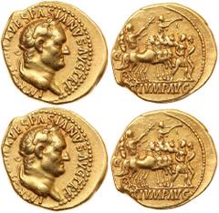 Vespasian. Gold Aureus (7.32 g), AD 69-79. 'Judaea Capta' type. Lugdunum, AD 71. IMP CAESAR VESPASIANVS AVG TR P, laureate head of Vespasian right. Reverse: TRIVMP AVG in exergue, emperor on triumphal
