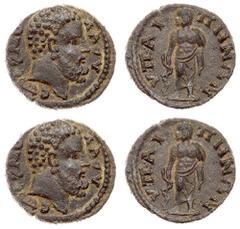 Lydia, Hypaepa. Pseudo-autonomous issue. Æ (3.05 g), late 2nd century AD. EΠI EPMOΛAIOY, bearded head of Herakles right. Reverse: YΠAI-ΠHNΩN, Asklepios standing facing, leaning on serpent-entwined sta
