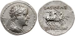 Baktrian Kingdom. Eukratides I. Silver Tetradrachm (16.33 g), ca. 171-145 BC. Diademed and draped bust of Eukratides I right. Reverse: BAΣIΛEΩΣ EYKPATIΔOY, the Dioskouroi, holding palms branches and s
