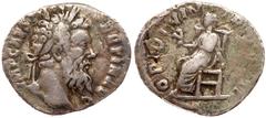 Pertinax. Silver Denarius (3.00 g), AD 193. Rome. IMP CAES P HELV PERTIN AVG, laureate head of Pertinax right. Reverse: OPI DIVIN TR P COS II, Ops seated left, holding grain ears. RIC 8a; BMC 19-21; R