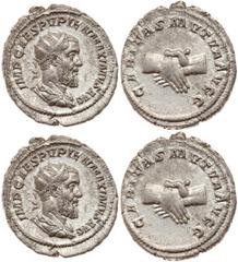 Pupienus. Silver Antoninianus (4.28 g), AD 238. Rome. IMP CAES PVPIEN MAXIMVS AVG, radiate, draped and cuirassed bust of Pupienus right. Reverse: CARITAS MVTVA AVGG, clasped hands. RIC 10b; BMC 87-91;