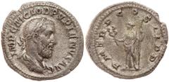 Pupienus. Silver Denarius (2.12 g), AD 238. Rome. IMP C M CLOD PVPIENVS AVG, laureate, draped and cuirassed bust of Pupienus right. Reverse: P M T R P COS II P P, Felicitas standing facing, head left,
