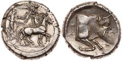 Sicily, Gela. Silver Tetradrachm (17.22 g), ca. 480/75-475/0 BC Superb EF. Charioteer driving slow quadriga right; above, Nike flying right, crowning horses with wreath. Reverse: ?, forepart of man-he