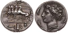 Sicily, Syracuse. Dionysios I. Silver Decadrachm (43.14 g), 405-367 BC About EF. Ca. 405-400 BC. Reverse die signed by the master engraver Euainetos. Charioteer driving galloping quadriga left, holdin