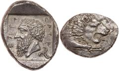 Lycian Dynasts. Mithrapata. Silver Stater (9.72 g), ca. 390-370 BC Superb EF. Forepart of roaring lion right. Reverse: Head of Mithrapata left; behind, triskeles; all within incuse square. Mildenberg 