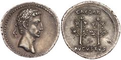 Augustus. Silver Denarius (3.72 g), 27 BC-AD 14. Superb EF. Caesaraugusta (?), ca. 19/8 BC. Head of Augustus right, wreathed with oak-leaves. Reverse CAESAR AVGVSTVS, two laurel branches. RIC 33a; BMC