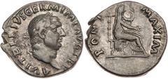 Vitellius. Silver Denarius (3.25 g), AD 69 Choice VF. Rome. A VITELLIVS GERM IMP AVG TR P, laureate head of Vitellius right. Reverse: PONT MAXIM, Vesta seated right, holding patera and scepter. RIC 10