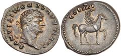 Domitian. Silver Denarius (3.34 g), as Caesar, AD 69-81. Superb EF. Rome, under Vespasian, AD 76/7. CAESAR AVG F DOMITIANVS, laureate head of bearded Domitian right. Reverse COS IIII above, Pegasus st