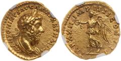 Marcus Aurelius, AD 161-180. Gold Aureus (7.29g). Struck at Rome, AD 166/7. M. ANTONINVS AVG. ARM. PARTH. MAX. Bust of Marcus Aurelius, laureate right, with drapery on both shulders. Reverse: Victory 