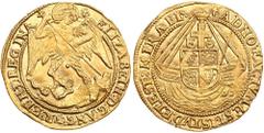 Great Britain. Angel, ND NGC Unc. S.2525; Fr-211. Elizabeth I, 1558-1603. Fifth issue. Mint mark, Latin Cross over Greek Cross. Obverse, St Michael standing, slaying the dragon: + ELIZABETH: D: G: ANG