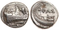 Lycia, Phaselis. Silver Stater (10.26 g), 4th century BC. EF. Prow of galley right, side decorated with Pegasos flying right; in right field, owl flying upward to left; below, dolphin leaping over wav