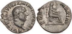 Vitellius. Silver Denarius (3.25 g), AD 69 Choice VF Choice VF. Rome. A VITELLIVS GERM IMP AVG TR P, laureate head of Vitellius right. Reverse: PONT MAXIM, Vesta seated right, holding patera and scept