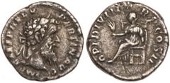Pertinax. Silver Denarius (3.01 g), AD 193 About VF. Rome. IMP CAES P HELV PERTIN AVG, laureate head of Pertinax right. Reverse: OPI DIVIN TR P COS II, Ops seated left, holding two grain ears. RIC 8a;