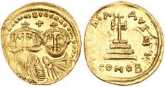 Heraclius. Gold Solidus (4.27 g), 610-641 Choice VF. Constantinople, 629-632. [dd NN h]ERACLIЧS ET hERA CONST PP A, crowned and draped busts of Heraclius, on left, and Heraclius Constantine, on right,