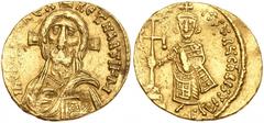 Justinian II. Gold Solidus (4.39 g), first reign, 685-695 VF. Constantinople, 692-695. Ih CRIST[OS] REX REGNANTIЧM, bust of Christ facing, raising hand in benediction and holding Gospels; cross behind