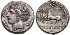 Sicily, Syracuse. Agathokles. Silver Tetradrachm (17.16 g), 317-289 BC. Ca. 317-310 BC. Wreathed head of Arethusa left, surrounded by three dolphins; below neck, NK. Reverse: ΣYPAKOΣIΩ[N] in exergue, 