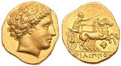 Macedonian Kingdom. Philip II. Gold Stater (8.53 g), 359-336 BC. Pella, lifetime issue, ca. 345/2-340/36 BC. Laureate head of Apollo right. Reverse: ΦIΛIΠΠOY, charioteer driving biga right, holding ke