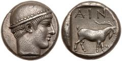 Thrace, Ainos. Silver Tetradrachm (16.22 g), ca. 466/5-465/4 BC. Head of Hermes right, wearing petasos. Reverse: AINI, goat standing right; in lower right field, boar's head; all within incuse square.