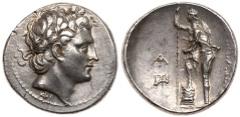 Aitolia, Aitolian League. Silver Stater (10.63 g), ca. 250-225 BC. Head of Apollo to right, wearing oak wreath; below neck, ΦI. Reverse: [AI]TΩΛΩ[N], Aitolos, with petasos resting on back and sword he