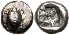 Islands off Attica, Aegina. Silver Stater (12.14 g), ca. 550-530/25 BC. Sea turtle, head in profile, with 'proto-heavy' collar and row of dots down carapace. Reverse: Incuse square of 'proto-Union Jac