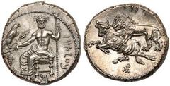Cilicia, Tarsos. Mazaios. Silver Stater (10.87 g), Satrap of Cilicia, 361/0-334 BC. Baaltars seated left, holding eagle, grain ear, bunch of grapes and scepter; in left field and below throne, Aramaic
