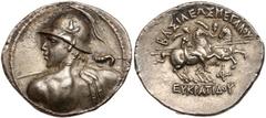 Baktrian Kingdom. Eukratides I. Silver Tetradrachm (16.16 g), ca. 171-145 BC. Diademed bust of Eukratides I left viewed from behind, wearing crested helmet adorned with bull's horn and ear, and brandi