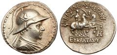Baktrian Kingdom. Eukratides I. Silver Tetradrachm (16.77 g), ca. 171-145 BC. Diademed, draped and cuirassed bust of Eukratides I right, wearing crested helmet adorned with bull's horn and ear. Revers