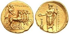 Cyrenaica, Cyrene. Ophellas, Ptolemaic Governor. Gold Stater (8.56 g), first reign, ca. 322-313 BC. Polianthes, magistrate. KYPANAION, Nike, holding kentron and reins, driving slow quadriga right. Rev