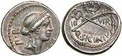 Q. Sicinius. Silver Denarius (3.74 g), 49 BC. Rome. [FORT] P R, diademed head of Fortuna Populi Romani right. Reverse: III VIR across field, Q SICINIVS, crossed palm branch and caduceus; above, wreath