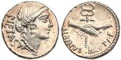 Albinus Bruti f. Silver Denarius (4.09 g), 48 BC. Rome. PIETAS behind, bare head of Pietas right. Reverse: ALBINVS BRVTI F, clasped hands holding winged caduceus. Crawford 450/2; HCRI 26; Sydenham 942