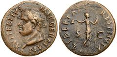 Vitellius. Æ As (8.44 g), AD 69. Tarraco(?). A VITELLIVS IMP GERMAN, laureate head of Vitellius left, globe at point of bust. Reverse: LIBERTAS RESTITVTA, S C across field, Libertas standing facing, h
