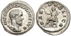 Pupienus. Silver Denarius (2.96 g), AD 238. Rome. IMP C M CLOD PVPIENVS AVG, laureate, draped and cuirassed bust of Pupienus right. Reverse: PAX PVBLICA, Pax seated left, holding olive branch and scep