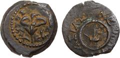 Judaea, Hasmonean Kingdom. Alexander Jannaeus (Yehonatan). Æ Prutah (1.79 g), 103-76 BCE. Jerusalem. 'Yehonatan the King' (Paleo-Hebrew), lily, within circular beaded border. Reverse: [B]AΣIΛEΩ AΛE[ΞA