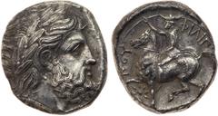 Macedonian Kingdom. Philip II. Silver Tetradrachm (14.36 g), 359-336 BC. Pella, lifetime issue, ca. 354/3-ca. 349/8 BC. Laureate head of Zeus right. Reverse: ΦIΛIΠ-ΠOY, king on horseback left, wearing