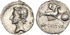 Augustus. Silver Denarius (3.86 g), 27 BC-AD 14. Emerita(?), ca. 17/6 BC. Bare head of Augustus left. Reverse: AVGVSTVS, capricorn right, holding globe attached to rudder between front hooves, cornuco