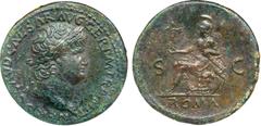 Nero. Æ Sestertius (26.49 g), AD 54-68. Rome, ca. AD 65. NERO CLAVD CAESAR AVG GER P M TR P IMP P P, laureate head of Nero right. Reverse: ROMA in exergue, S C across field, Roma seated left on cuiras