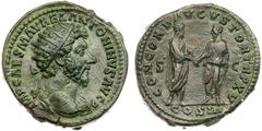 Marcus Aurelius. Æ Dupondius (12.53 g), AD 161-180. Rome, AD 161. IMP CAES M AVREL ANTONINVS AVG P M, radiate bust of Marcus Aurelius right, slght drapery on shoulders. Reverse: CONCORDIA AVGVSTOR TR 