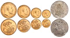 Great Britain. Coronation Gold and Silver Proof Set, 1902. Fr-398a-401a; KM-PS15; S.PS9. Edward VII, 1901-1910. Set includes gold 5 and 2 Pounds; Sovereign and ½ Sovereign; also the silver Crown throu