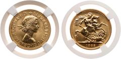Great Britain. Satin Proof Gold Sovereign, 1965. S.4125 type; KM-908 type. Elizabeth II, 1952-. 7.99 g, 22.2 mm. Reeded edge. Designed by Mary Gillick. Portrait facing right of young Queen Elizabeth. 