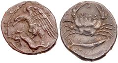 Greek Coins Sicily, Akragas. Silver Hemidrachm (1.86 g), ca. 420-406 BC. Eagle left, head lowered to devour hare held in talons. Rev. A-K-R-A, crab; below, fish right. (SNG ANS 1003-8). Rare. Uniform 
