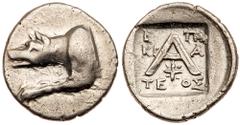 Greek Coins Argolis, Argos. Silver Triobol (2.28 g), ca. 90-50 BC. Epikrates, magistrate. Forepart of wolf at bay left. Reverse: Large A; below crossbar, star; in three lines around, magistrate's name