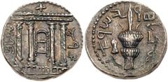 Judean Coins Judaea, Bar Kokhba Revolt. Silver Sela (14.40 g), 132-135 CE. Year 2 (133/4 CE). 'Jerusalem' (Paleo-Hebrew), tetrastyle façade of the Temple of Jerusalem; show bread table or Ark of the C