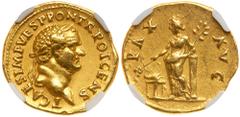 Roman Imperial Coinage Titus. Gold Aureus (7.28 g), as Caesar, AD 69-79. Rome, under Vespasian, AD 74. T CAES IMP VESP PON TR POT CENS, laureate head of Titus right. Reverse: PAX AVG, Pax standing fac