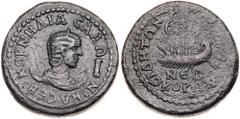 Roman Imperial Coinage Salonina. Æ Decassarion (27.28 g), Augusta, AD 254-268. Side in Pamphylia. KOPNHΛIA CAΛΩ_NINA CEB, diademed and draped bust of Salonina right, resting on a crescent; before, I. 